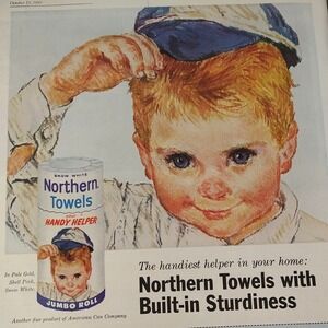 1961 Northern Towels Little Boy Blue Handy Helper‎ Baseball hat Vtg PRINT AD